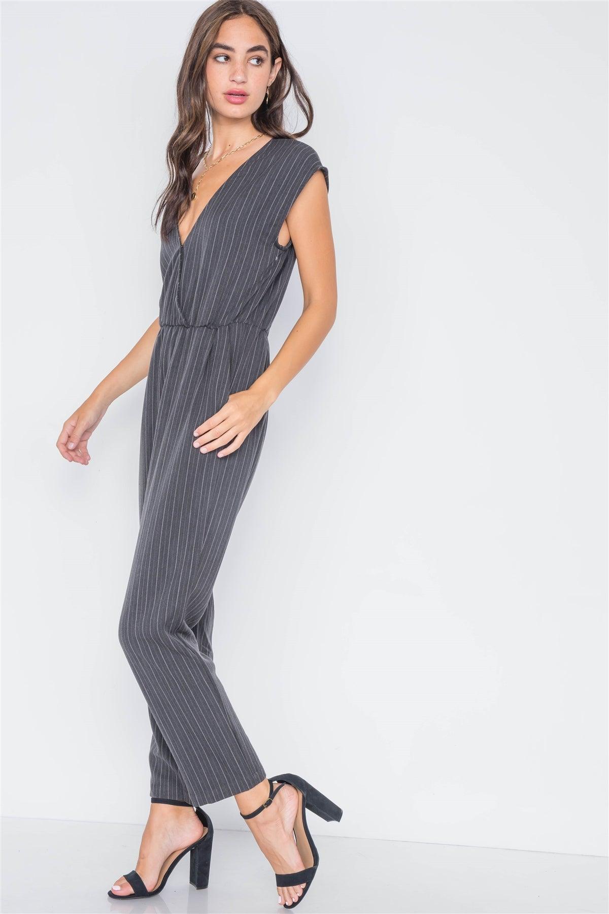 Carbon Stripe Surplice Straight Leg Jumpsuit /3-2-1