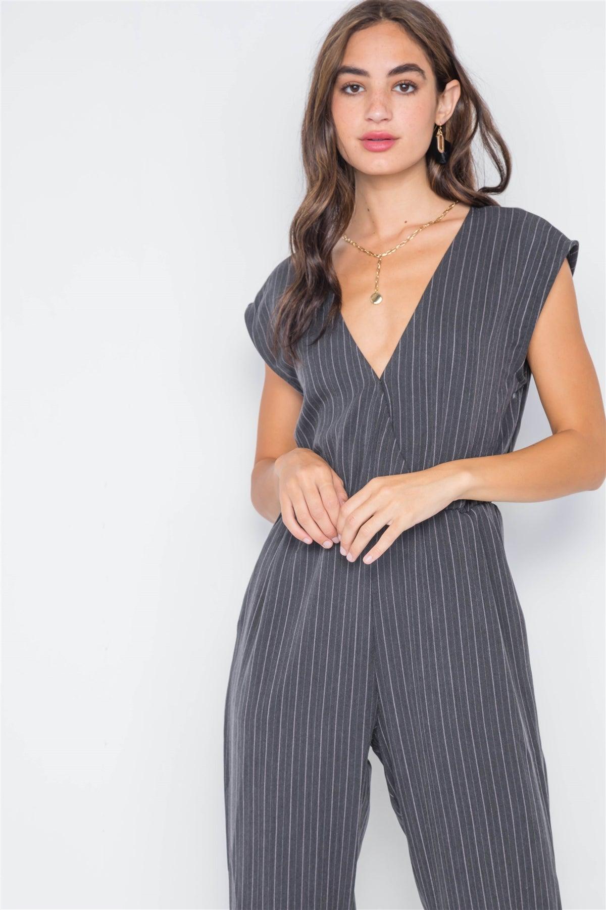 Carbon Stripe Surplice Straight Leg Jumpsuit /3-2-1