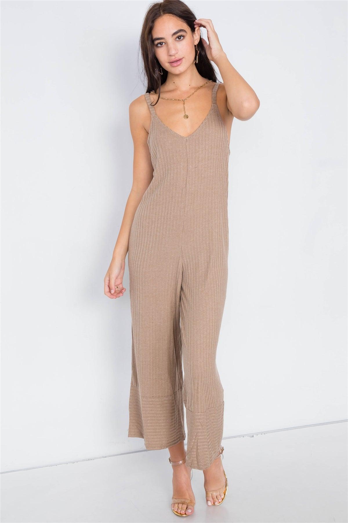 Camel V-Neck Ribbed Knit Gaucho Jumpsuit /3-2-1