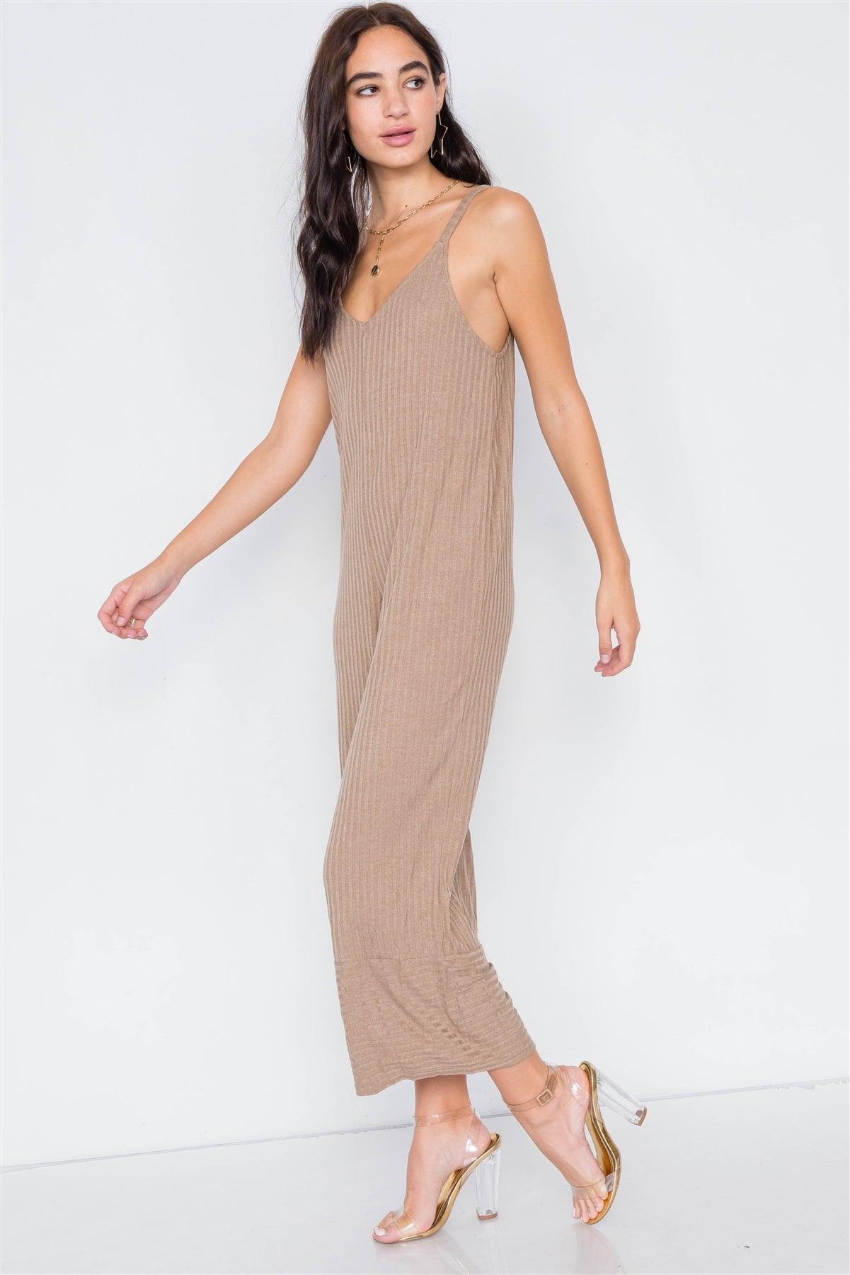 Camel V-Neck Ribbed Knit Gaucho Jumpsuit /3-2-1