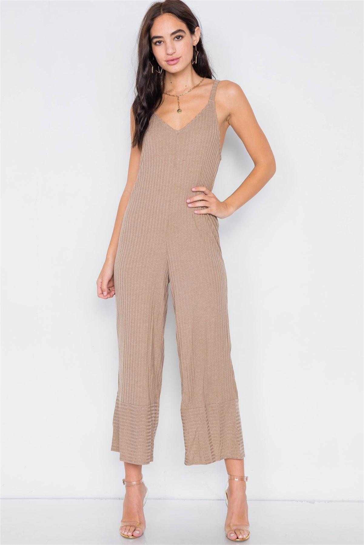 Camel V-Neck Ribbed Knit Gaucho Jumpsuit /3-2-1