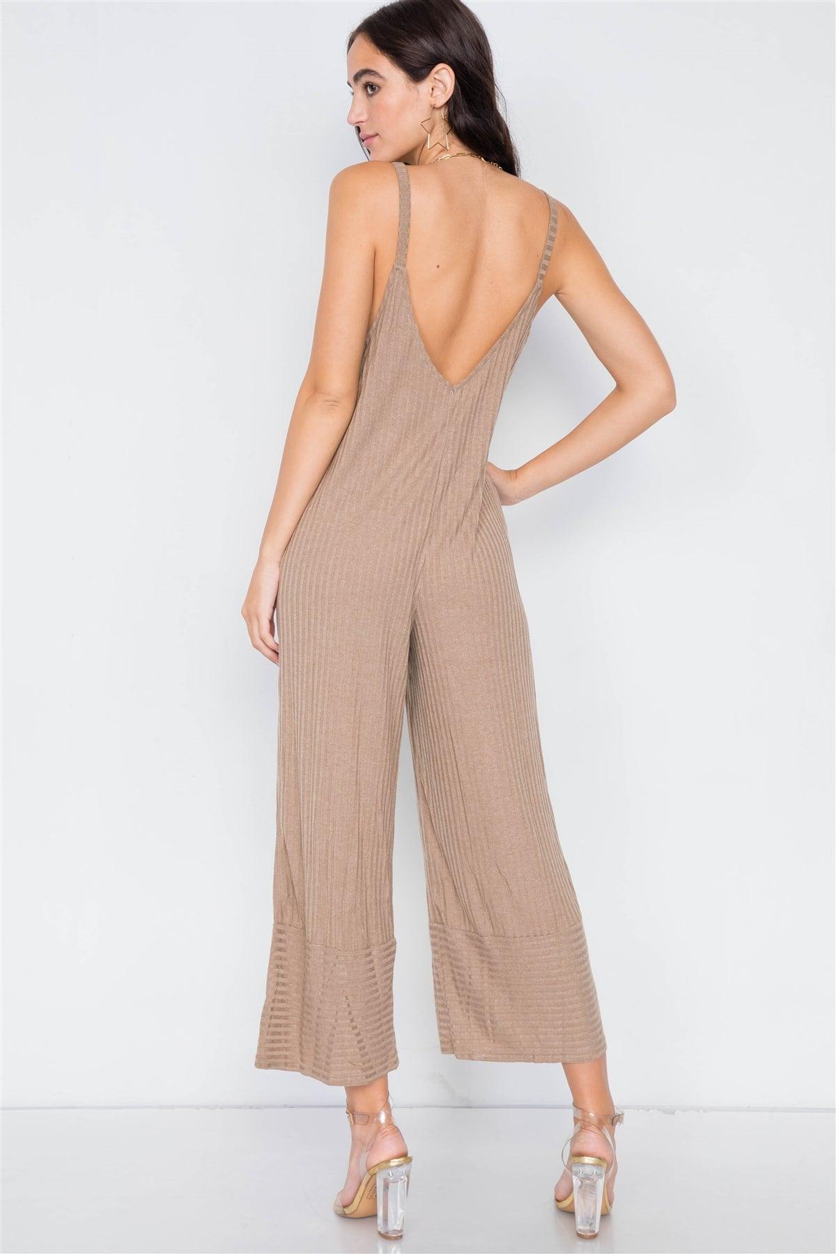 Camel V-Neck Ribbed Knit Gaucho Jumpsuit  /4-2-1