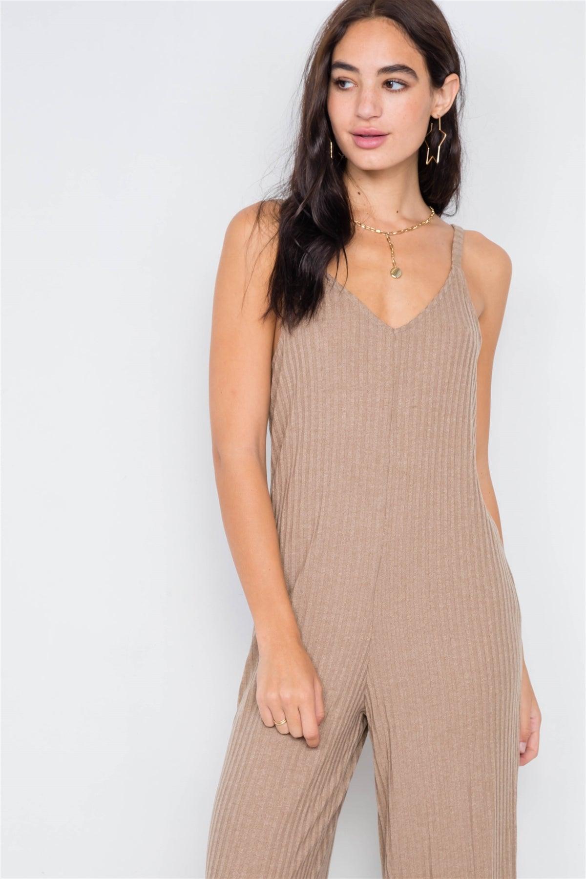 Camel V-Neck Ribbed Knit Gaucho Jumpsuit  /4-2-1