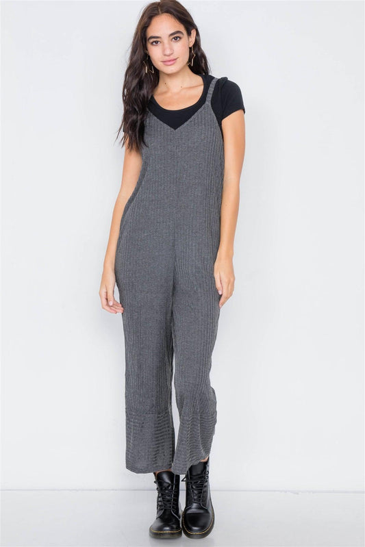 Charcoal V-Neck Ribbed Knit Gaucho Jumpsuit /3-2-1