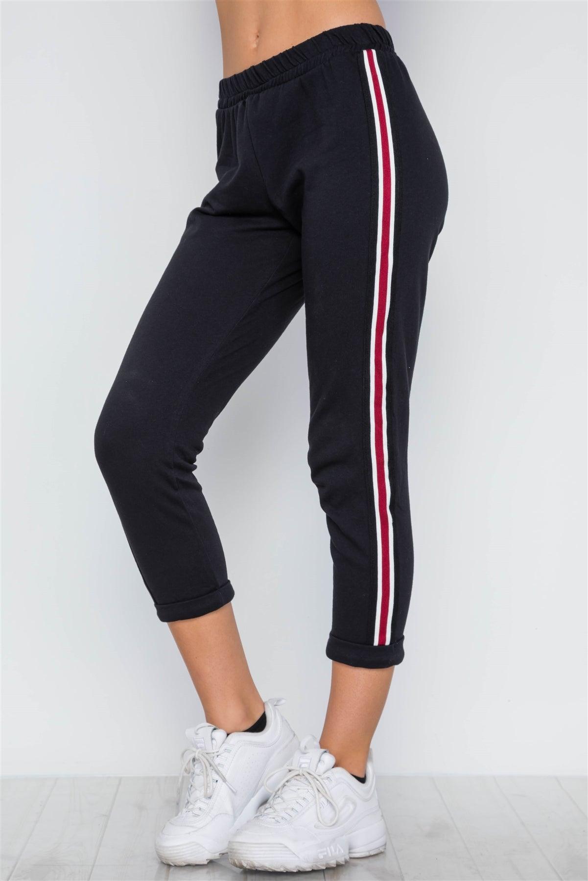 Black Contrast Trim High Waist Sweat Pants /2-2-2