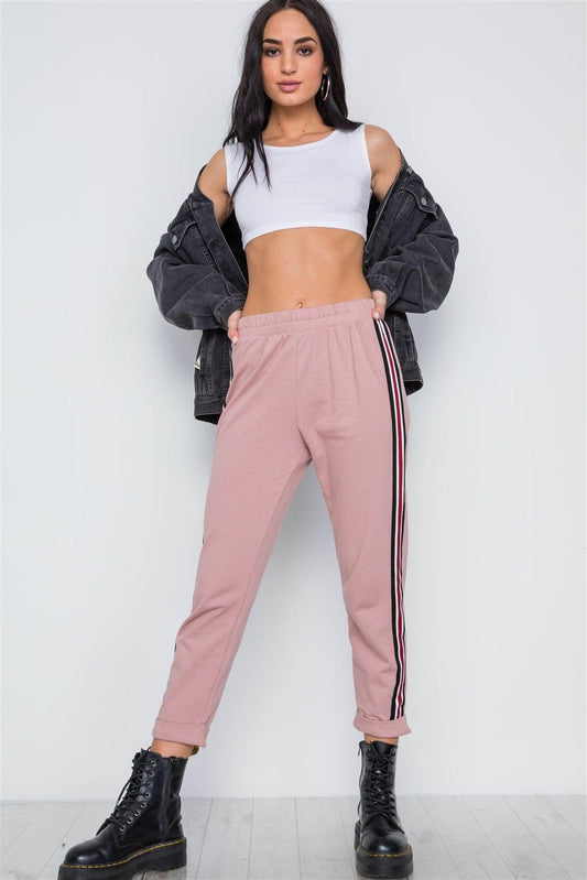 Mauve Contrast Trim High Waist Sweat Pants /2-4