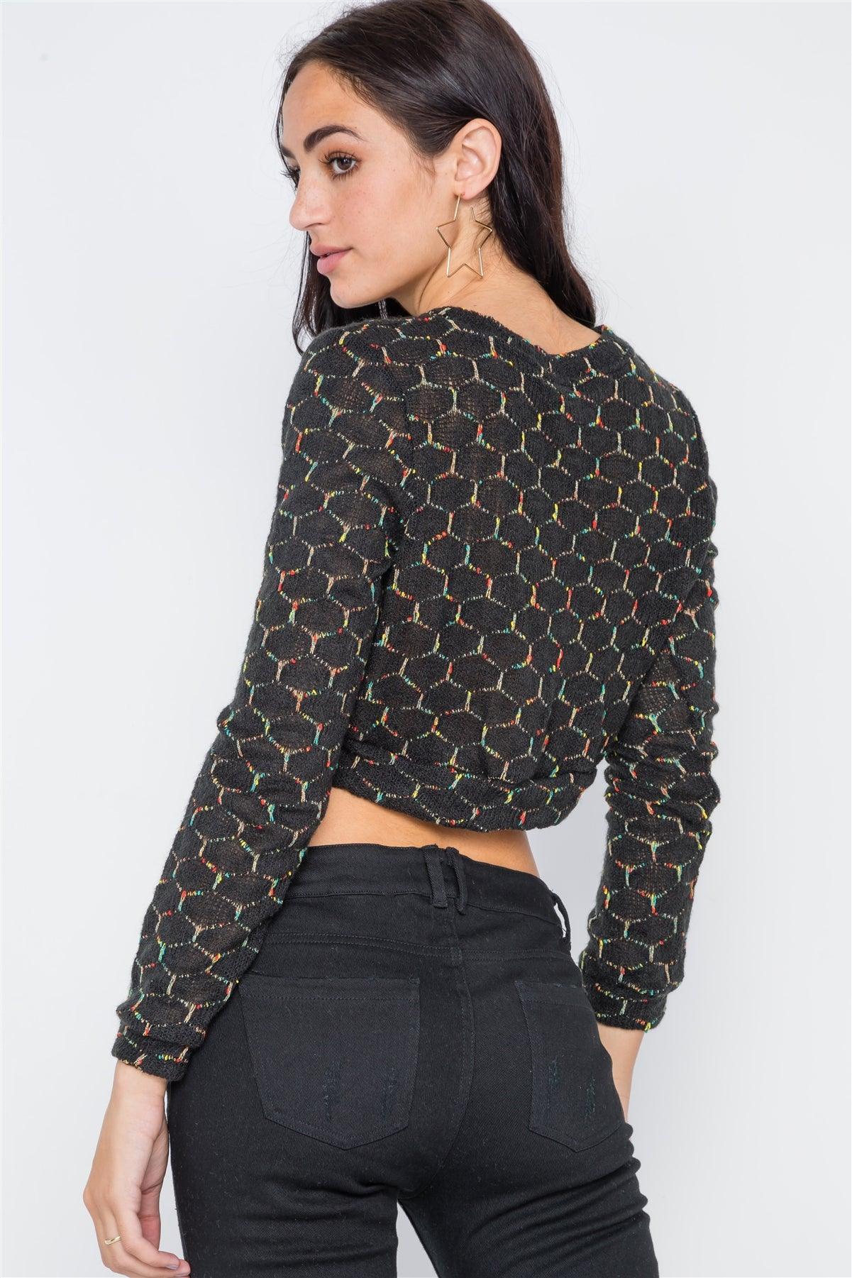 Black Hexagon Pattern Cropped Pullover Long Sleeve Knit Top /2-2-2