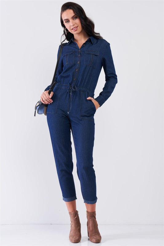 Dark Blue Long Sleeve Button Down Front Self-Tie Waist Denim Jumpsuit