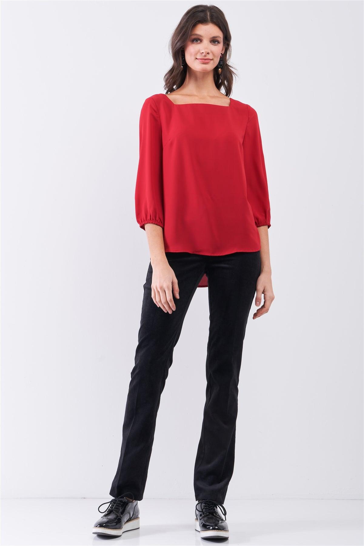 Red Square Neck 3/4 Puff Sleeve With Elasticated Hem Loose Fit Top /1-3-2