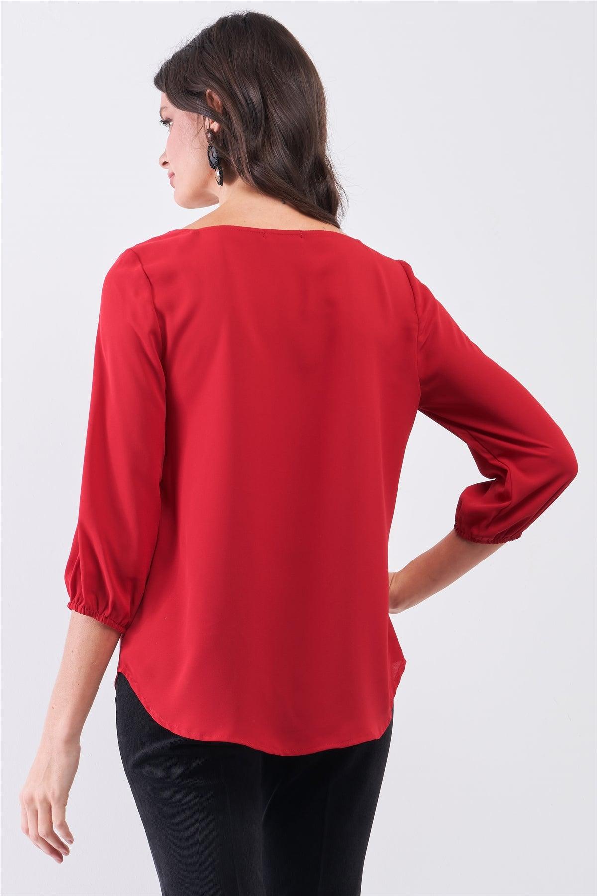 Red Square Neck 3/4 Puff Sleeve With Elasticated Hem Loose Fit Top /1-3-2