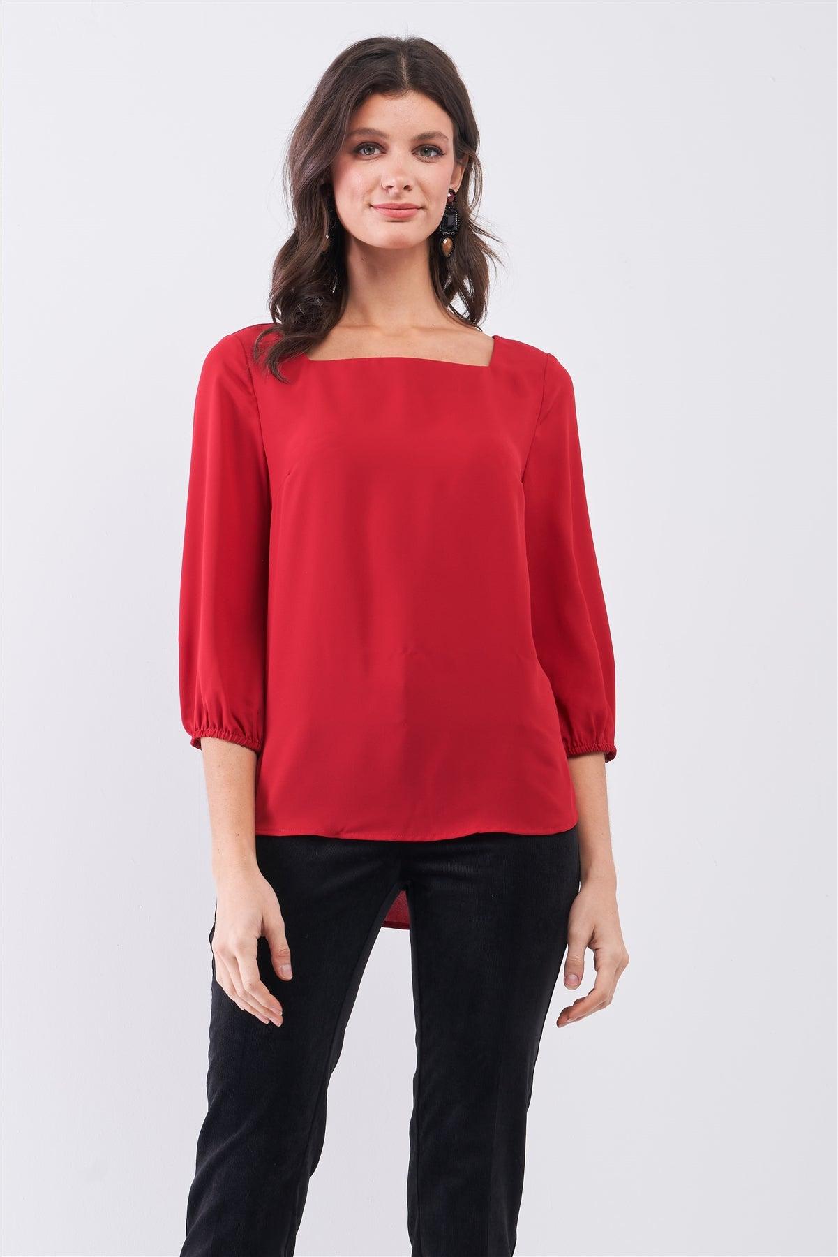 Red Square Neck 3/4 Puff Sleeve With Elasticated Hem Loose Fit Top /1-3-2