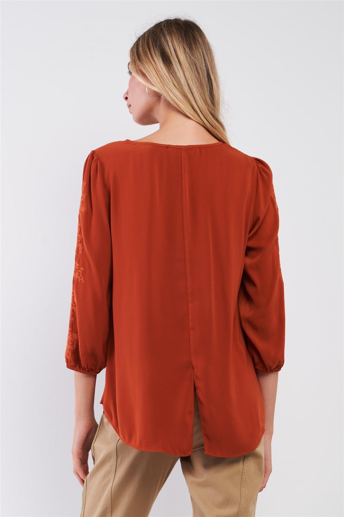 Autumn Red Boho Embroidery Trim Balloon Sleeve Relaxed Blouse Top