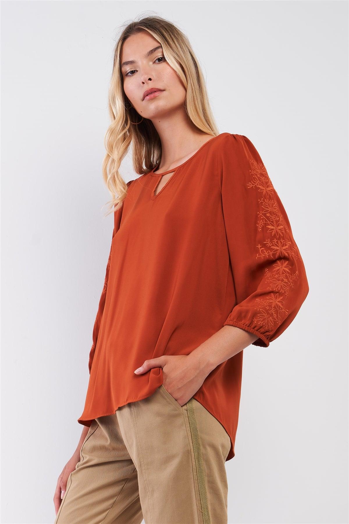 Autumn Red Boho Embroidery Trim Balloon Sleeve Relaxed Blouse Top