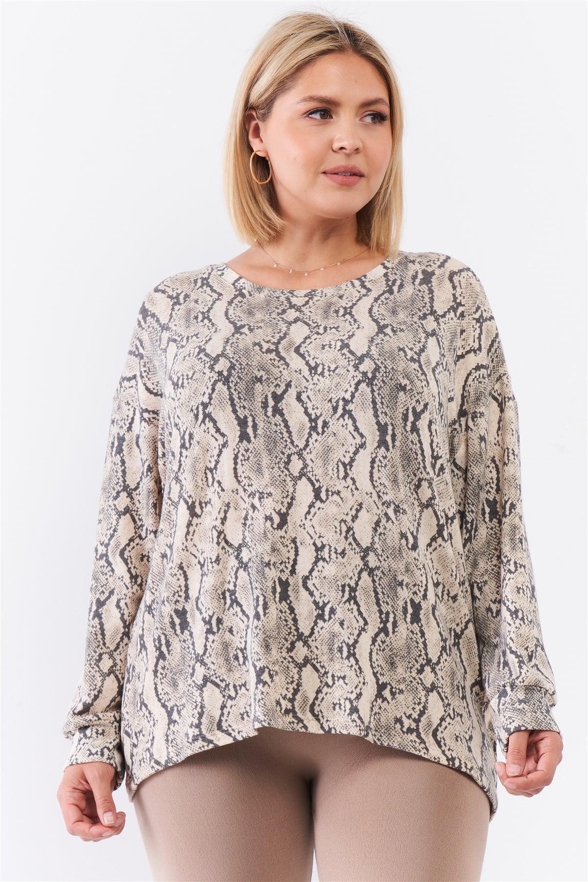 Taupe Snake Print Round Neck Relaxed Fit Long Sleeve Top /1-2-1