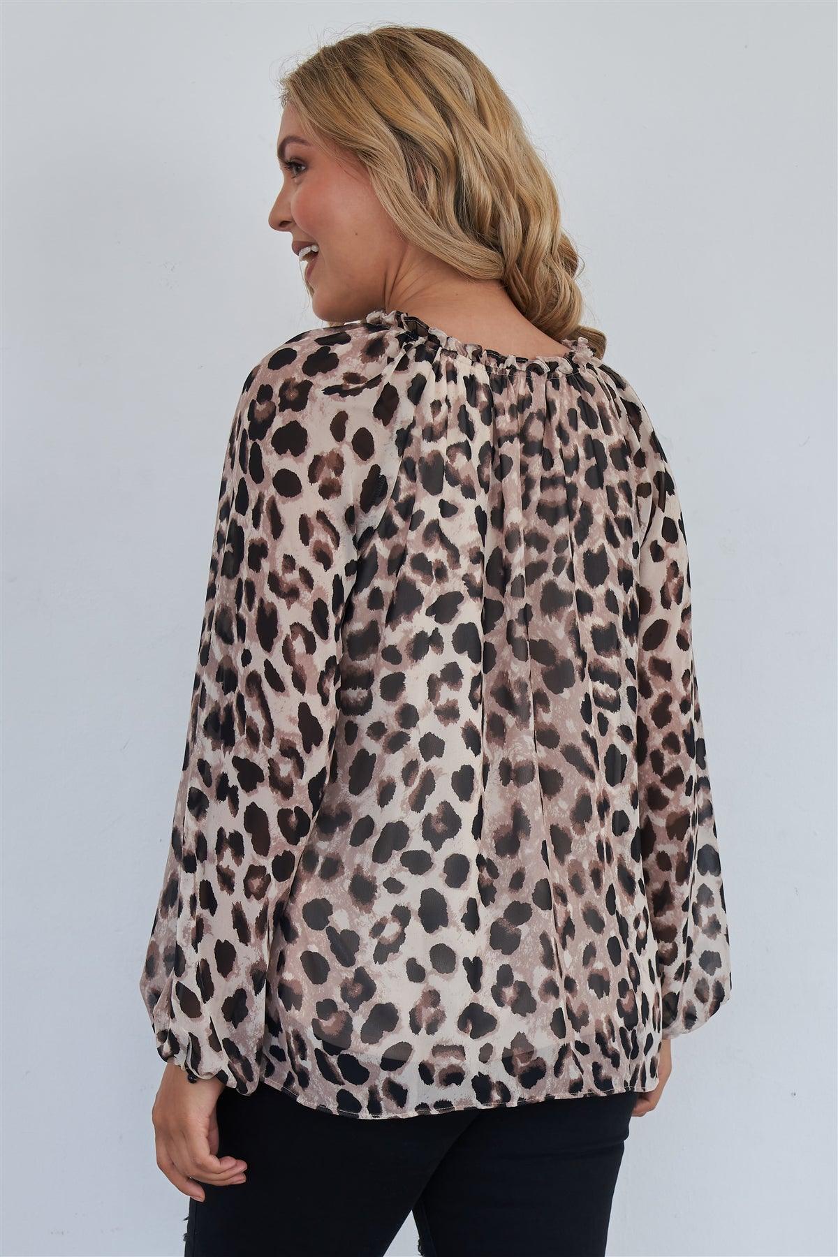 Brown Long Sleeve Cheetah Print V-neck Self Tie Loose Fit Blouse /2-2-1-1