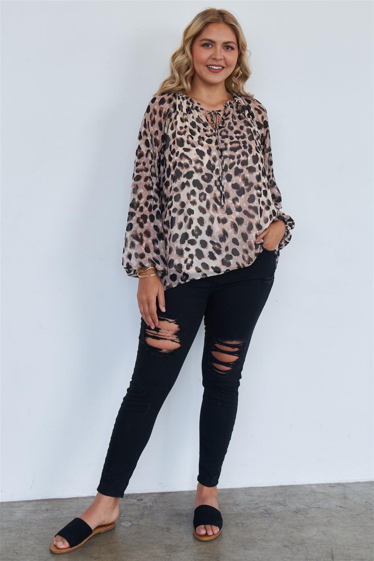 Brown Long Sleeve Cheetah Print V-neck Self Tie Loose Fit Blouse /2-2-1-1