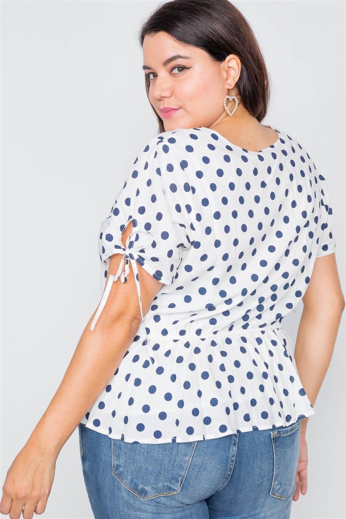 White & Navy Polkadot Flounce Peplum V-Neck Top /1-2-2-1