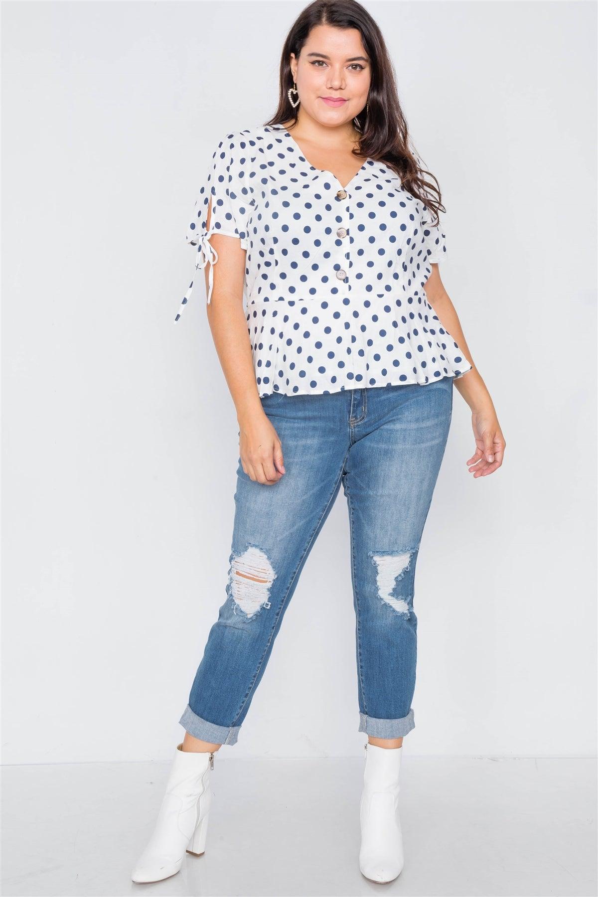 White & Navy Polkadot Flounce Peplum V-Neck Top /1-2-2-1