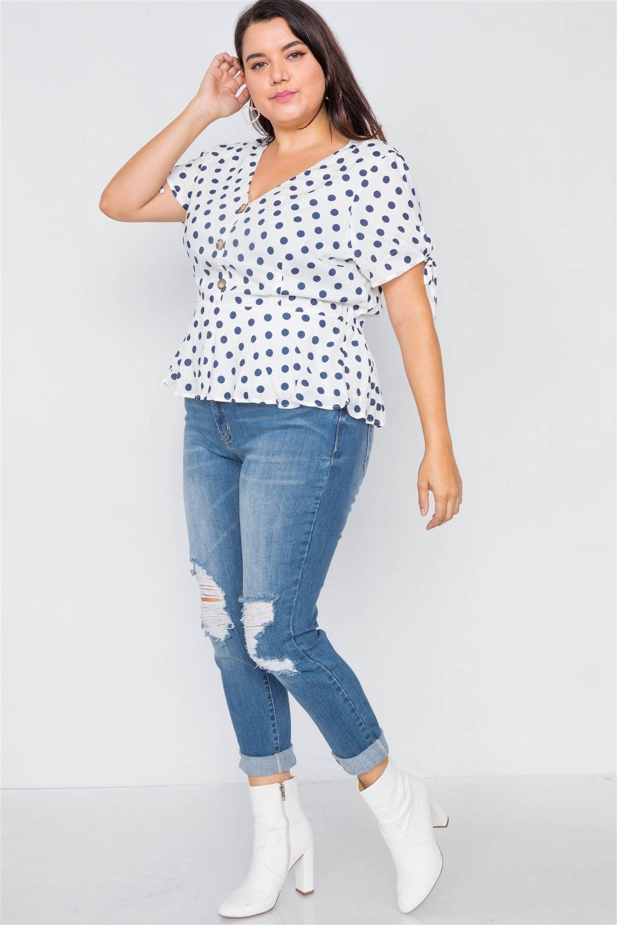 White & Navy Polkadot Flounce Peplum V-Neck Top /1-2-2-1