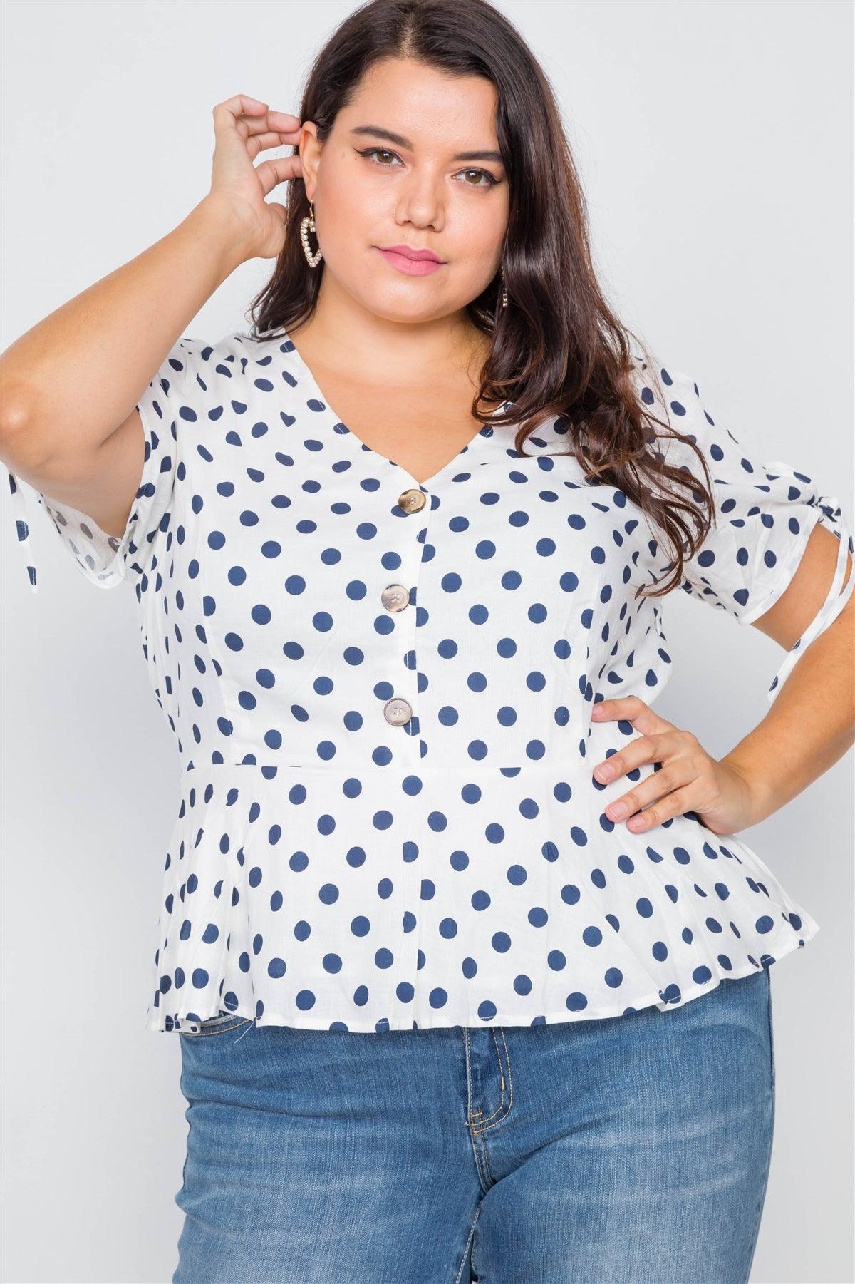 White & Navy Polkadot Flounce Peplum V-Neck Top /1-2-2-1