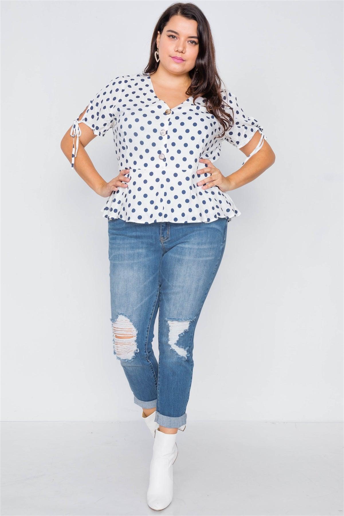 White & Navy Polkadot Flounce Peplum V-Neck Top /1-2-2-1