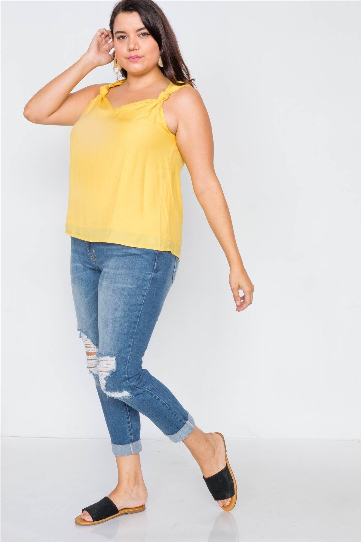 Canary Yellow V-Neck Gathered Shoulder Casual Top / 1-2-2-1