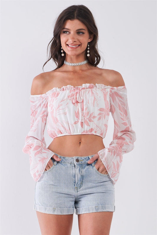 White & Pink Leaf Print Off-The-Shoulder Long Flounce Sleeve Self-Tie Front Cropped Top /2-2-2