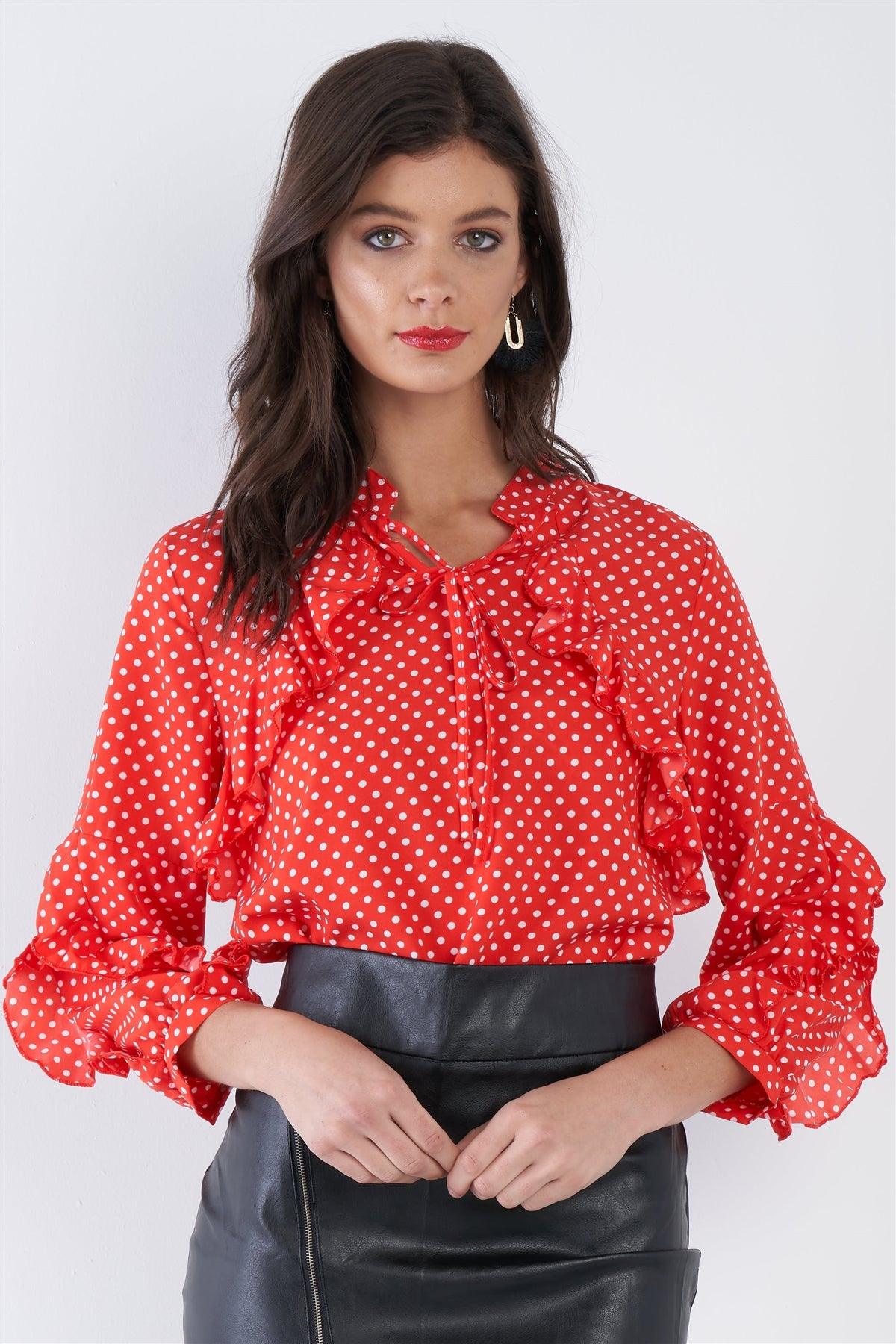 Red White Polkadot Frill Trim 3/4 Sleeve Neck Tie Casual Top /2-2-2