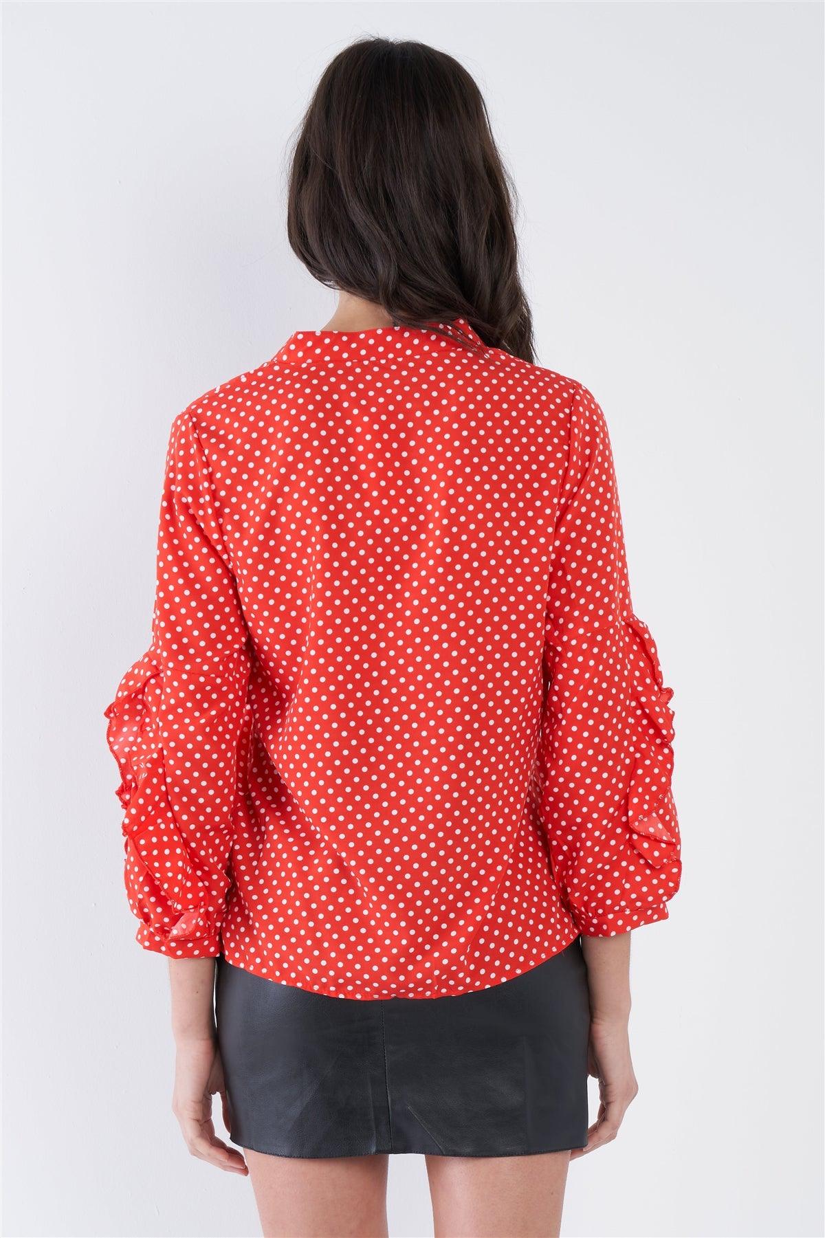 Red White Polkadot Frill Trim 3/4 Sleeve Neck Tie Casual Top /2-2-2