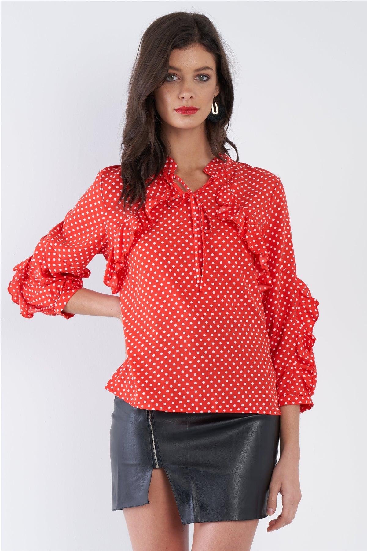 Red White Polkadot Frill Trim 3/4 Sleeve Neck Tie Casual Top /2-2-2