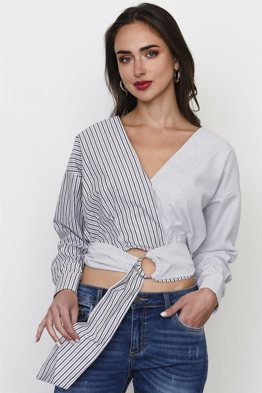 Black And White Stripe Tie Front Top /3-2-1