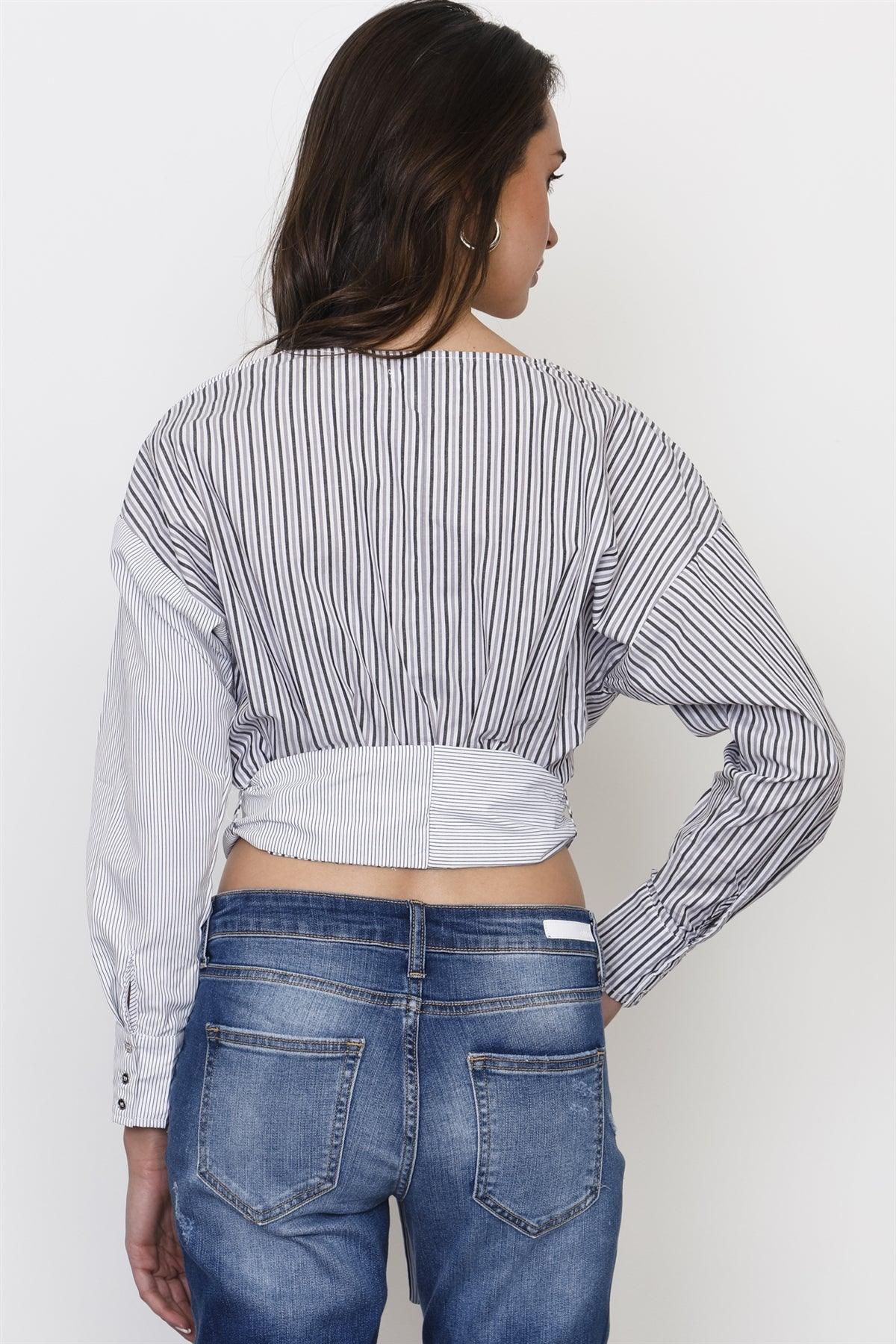 Black And White Stripe Tie Front Top /3-2-1