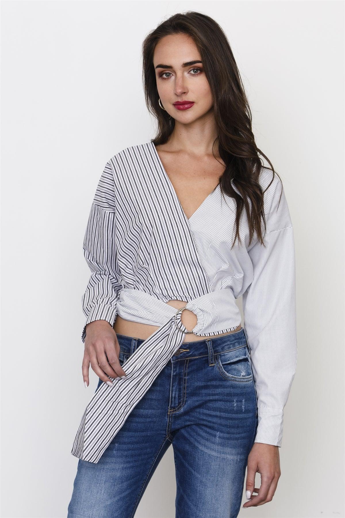 Black And White Stripe Tie Front Top /3-2-1