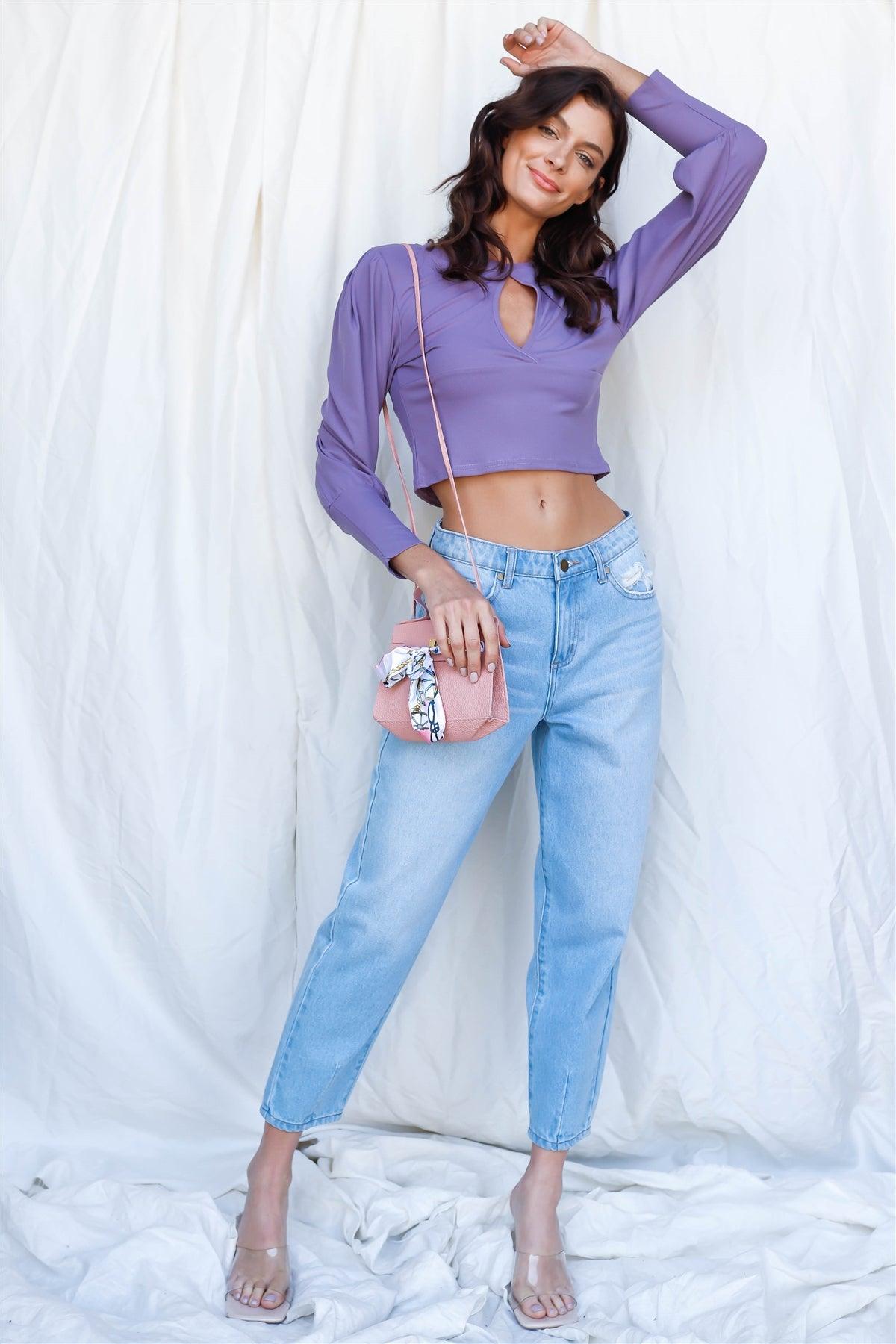 Purple Crew Neck Cutout Detail Long Sleeve Top /2-2-2