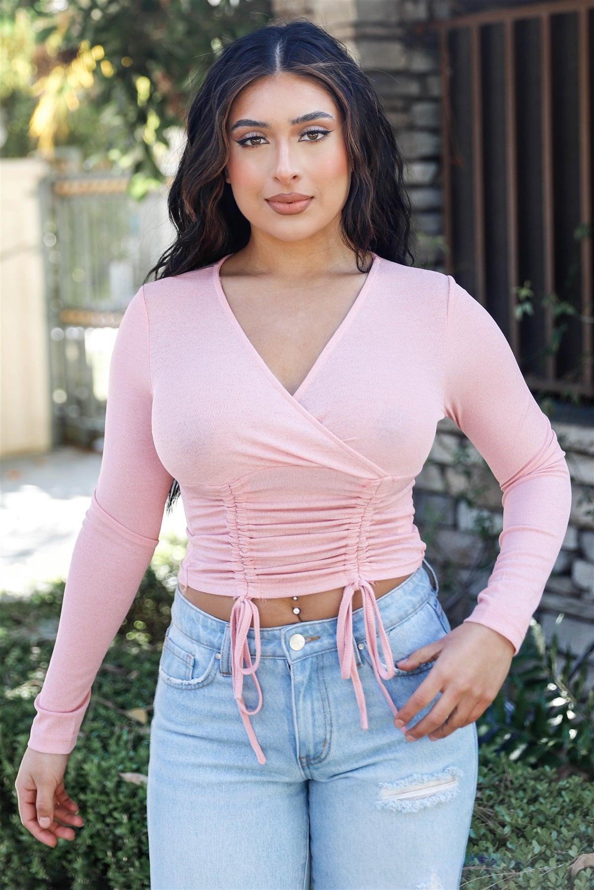 Pink Wrap V-Neck Ruched Detail Long Sleeve Crop Top /2-2-2