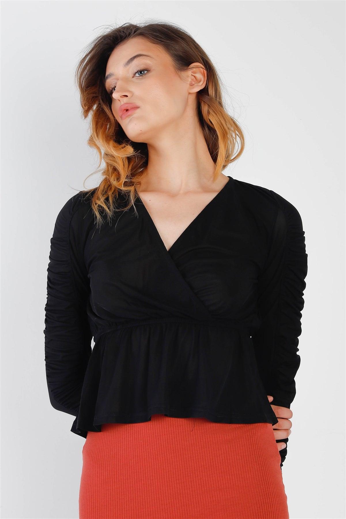 Black Mesh Wrap V-Neck Flare Hem Ruched Long Sleeve Top /2-2-2