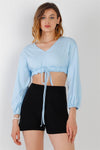 Blue Self-Tie Ruffle Hem V-Neck Long Balloon Sleeve Crop Top /2-2-2