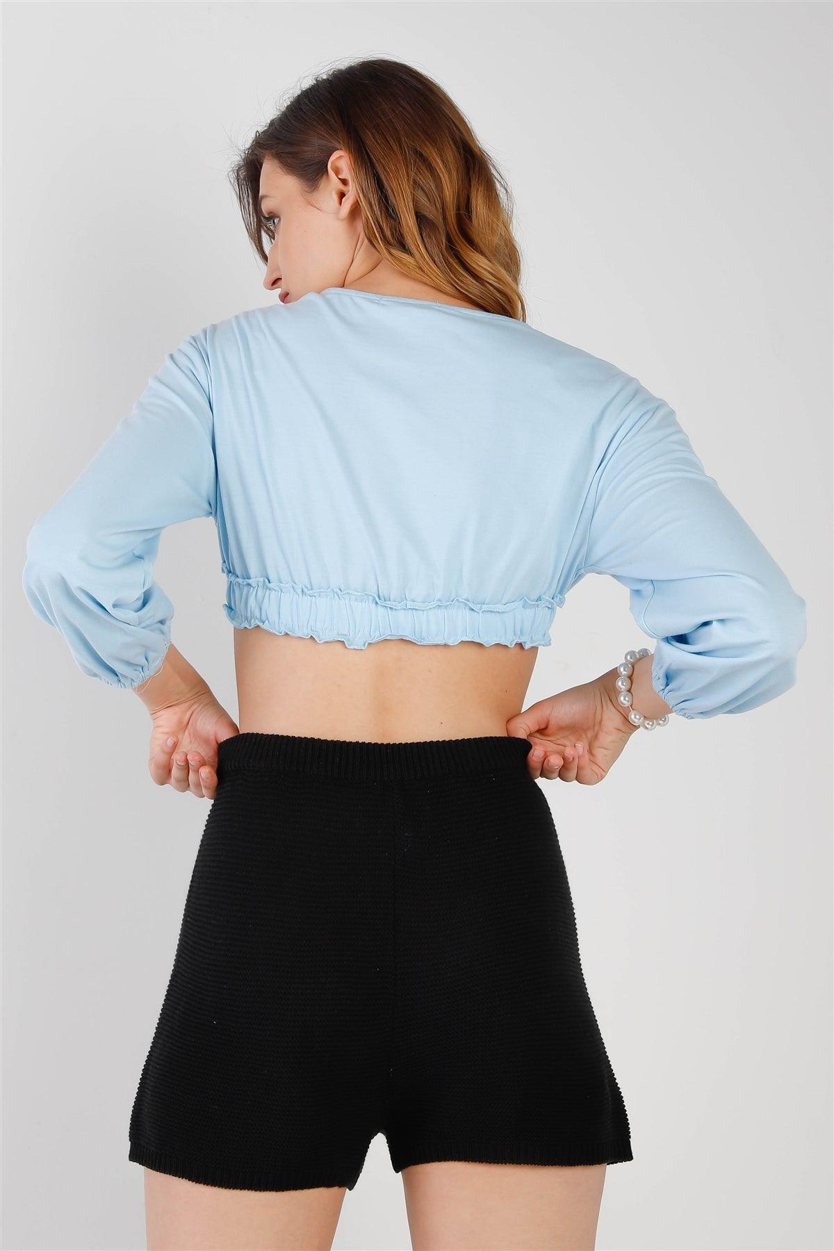 Blue Self-Tie Ruffle Hem V-Neck Long Balloon Sleeve Crop Top /2-2-2