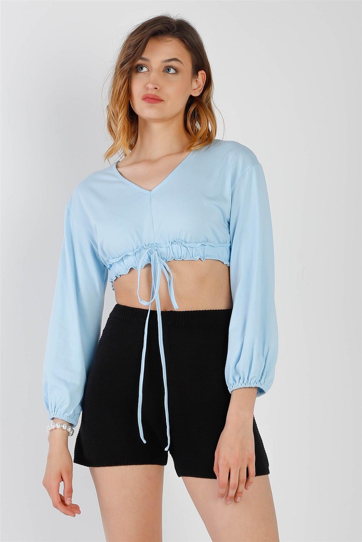 Blue Self-Tie Ruffle Hem V-Neck Long Balloon Sleeve Crop Top /2-2-2