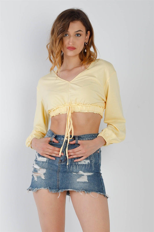 Yellow Self-Tie Ruffle Hem V-Neck Long Balloon Sleeve Crop Top /2-2-2