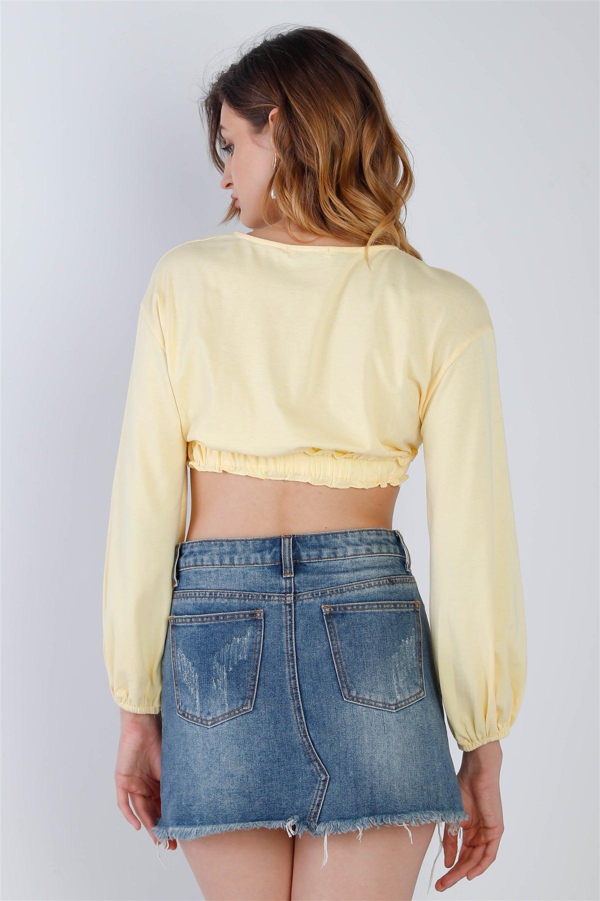 Yellow Self-Tie Ruffle Hem V-Neck Long Balloon Sleeve Crop Top /2-2-2