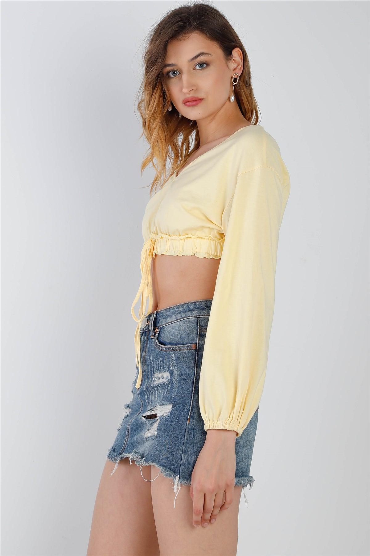 Yellow Self-Tie Ruffle Hem V-Neck Long Balloon Sleeve Crop Top /2-2-2