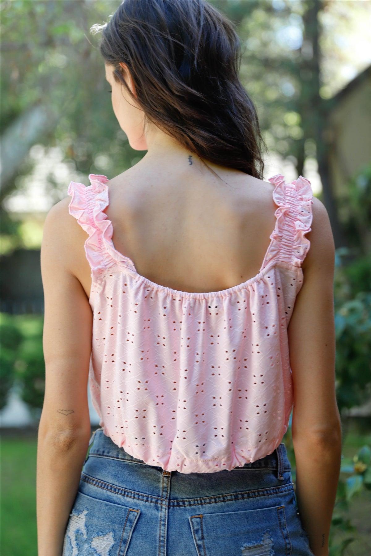 Pink Embroidered Ruffle Trim Strap Sleeveless Crop Top /2-2-2