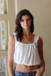 White Embroidered Ruffle Trim Strap Sleeveless Crop Top /2-2-2