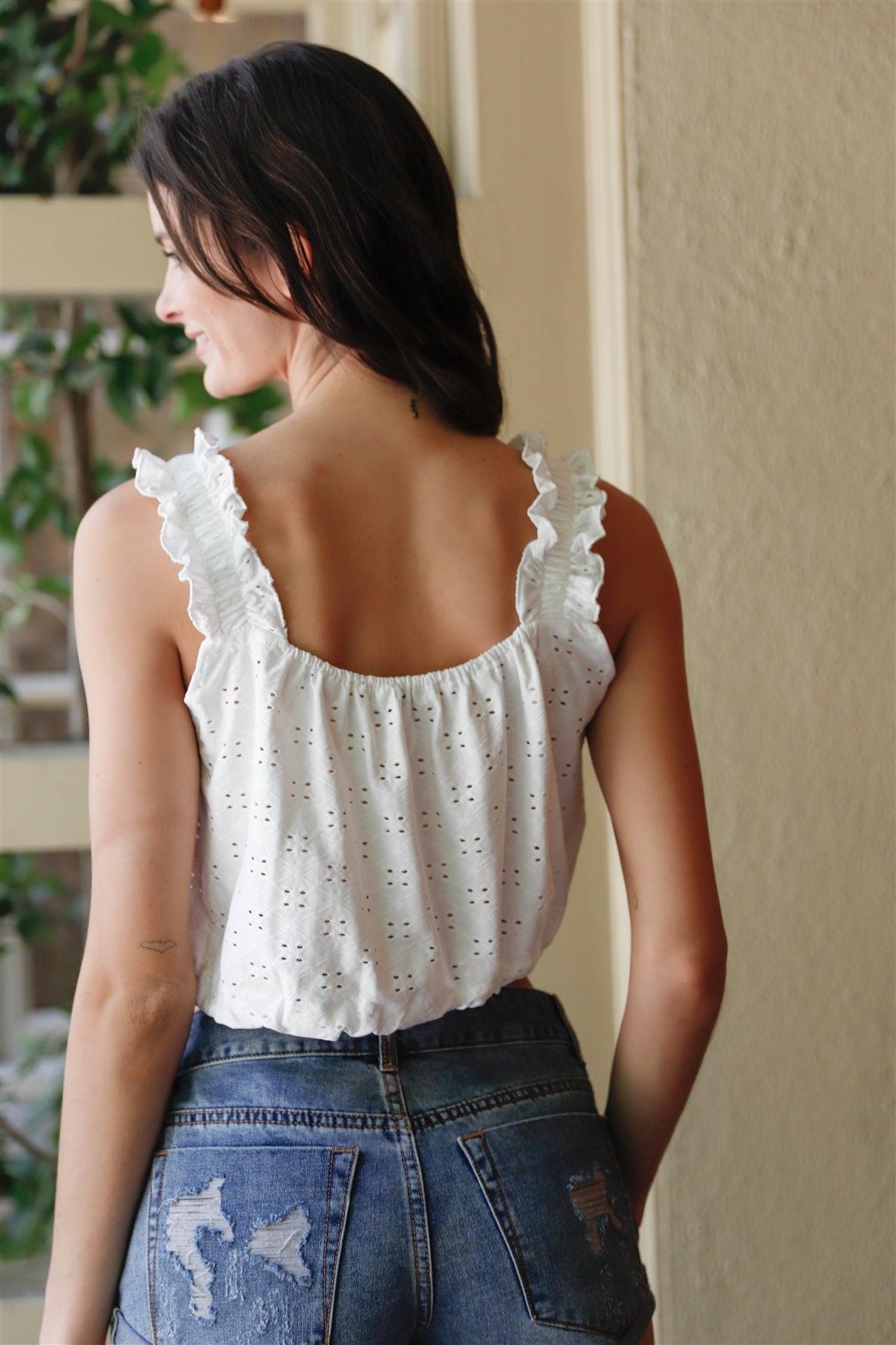 White Embroidered Ruffle Trim Strap Sleeveless Crop Top /2-2-2