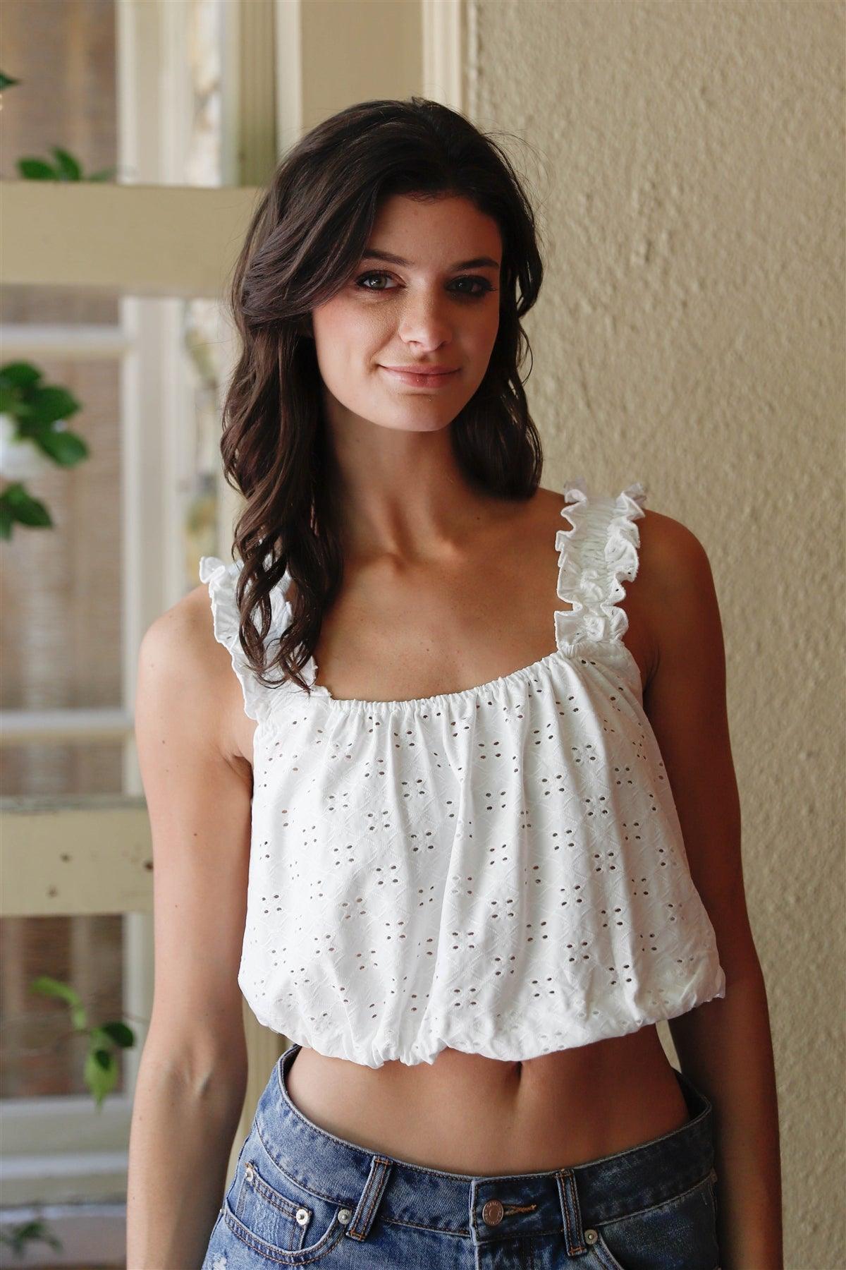 White Embroidered Ruffle Trim Strap Sleeveless Crop Top /2-2-2