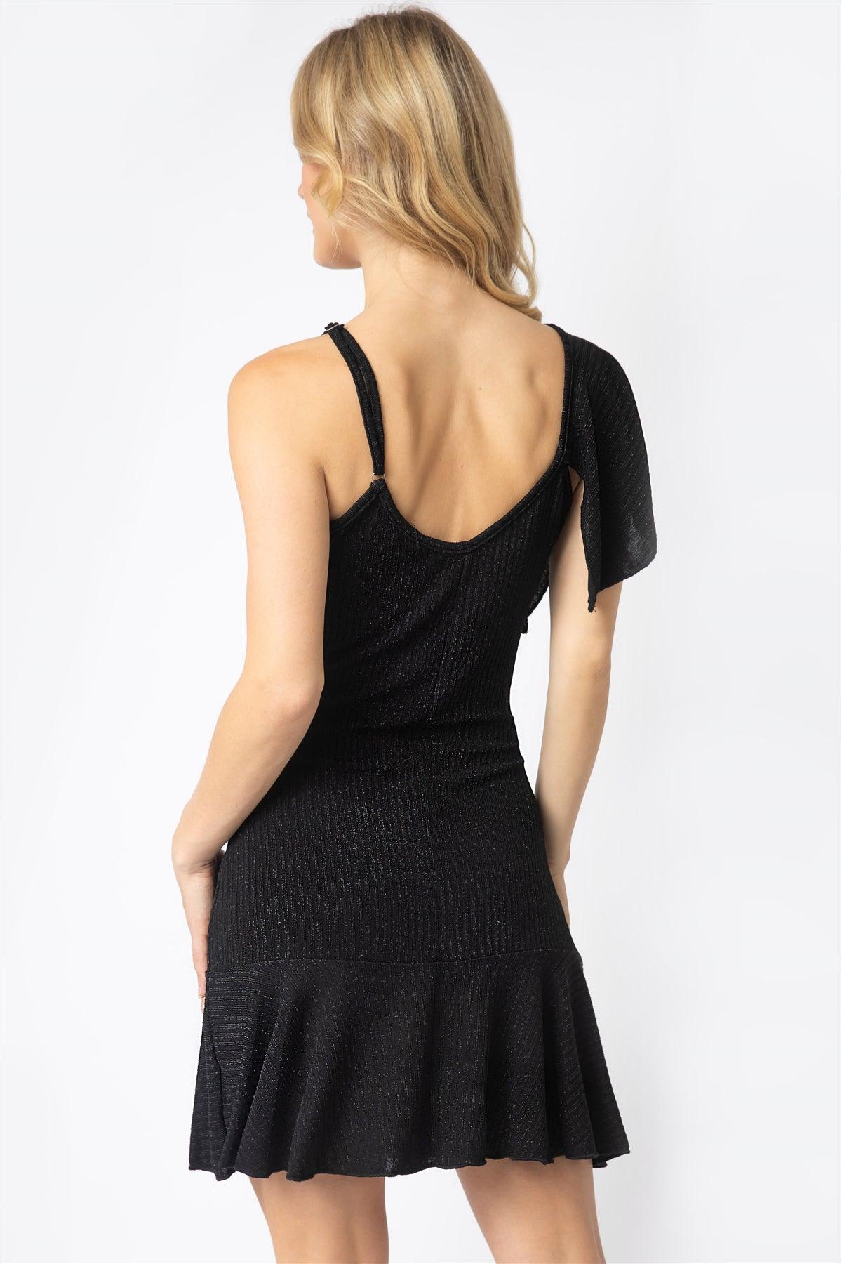 Black Lurex One Flare Shoulder V-Neck Mini Dress /2-2-2