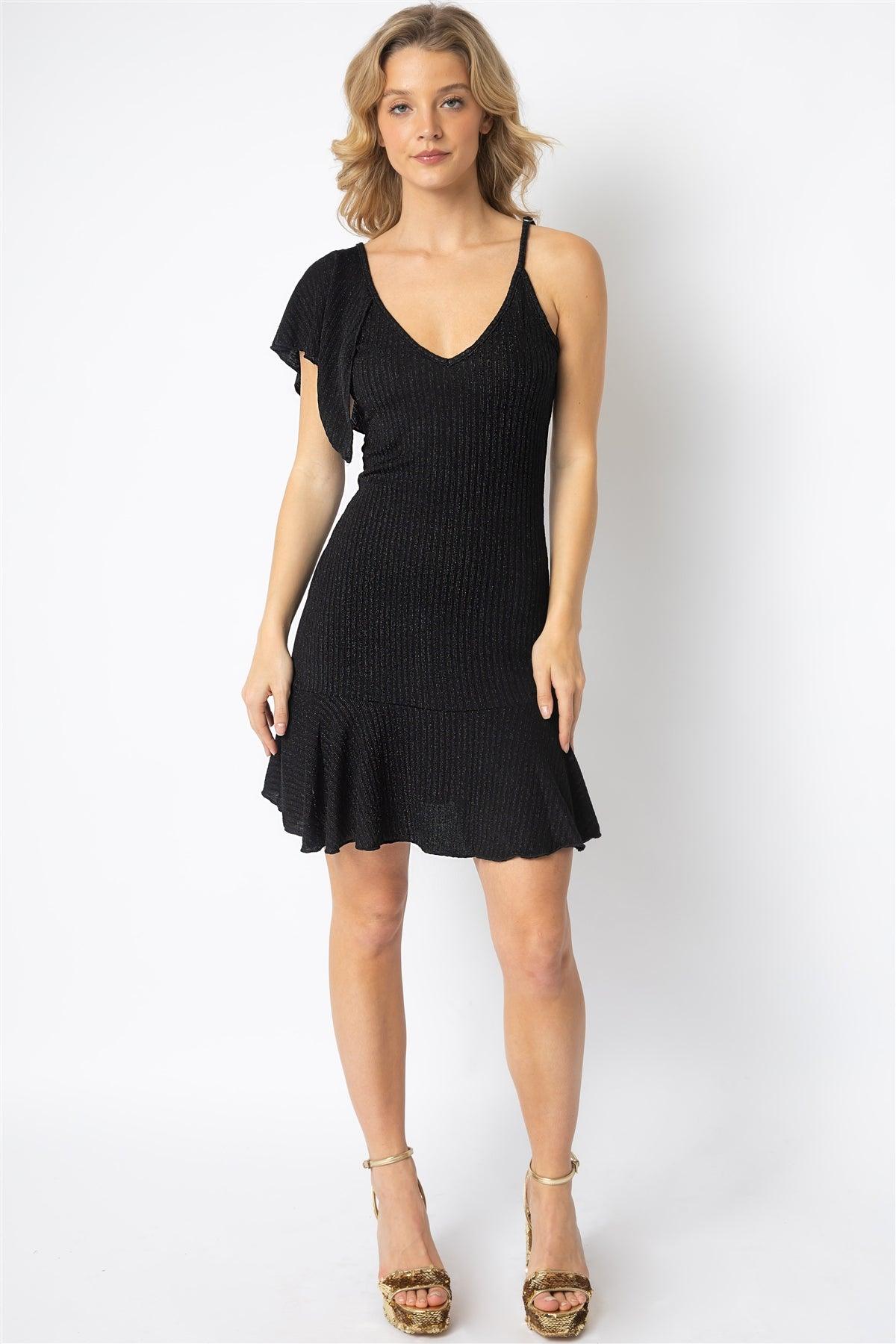 Black Lurex One Flare Shoulder V-Neck Mini Dress /2-2-2