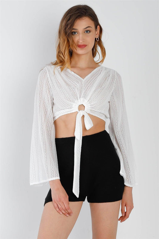 White Crochet O-Ring Detail With Self-Tie Long Kimono Sleeve Crop Top /2-2-2