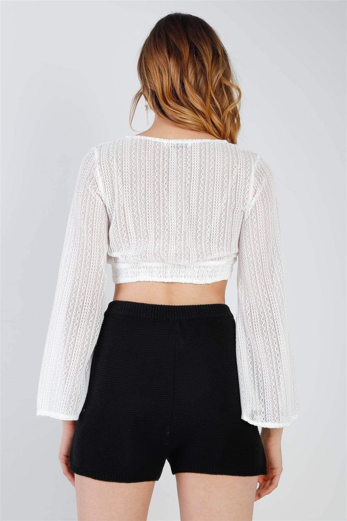 White Crochet O-Ring Detail With Self-Tie Long Kimono Sleeve Crop Top /2-2-2